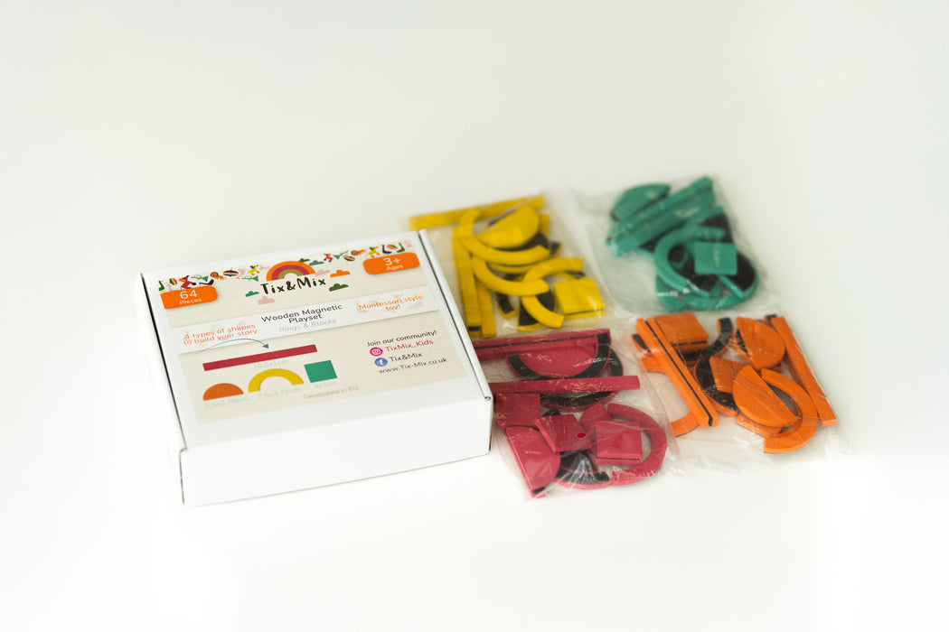Mediniai magnetukai Tix&Mix Rings&Blocks (64 vnt. rinkinys)