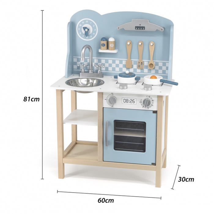Mėlynos spalvos medinė virtuvėlė su priedais