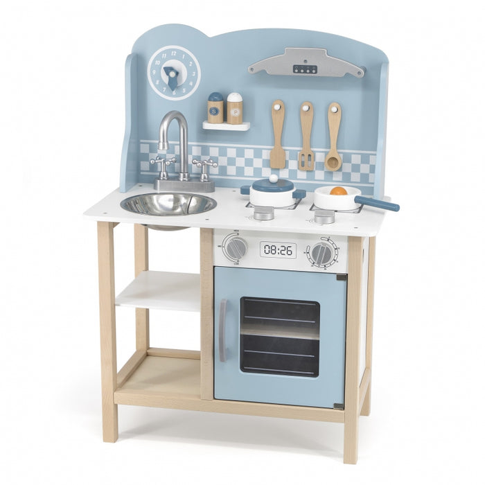 Mėlynos spalvos medinė virtuvėlė su priedais