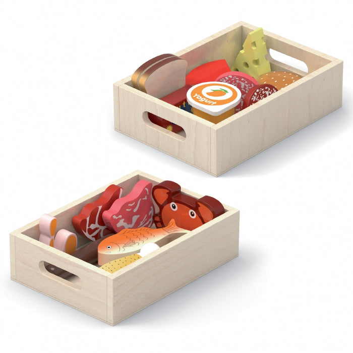 Medinis maisto prekių rinkinys dėžėse Pusryčiai, žuvis, mėsa ir pieno produktai